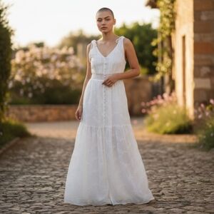 Lulus White Embroidered Maxi Dress Smocked Waist Button Front Tiered Small